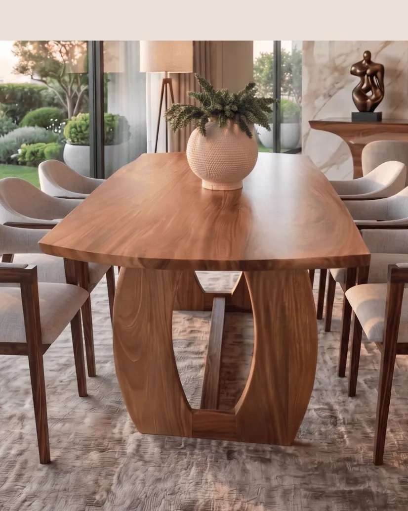 Mesa de comedor de madera con jarron, espejo de ratan y sala al fondo junto al jardin