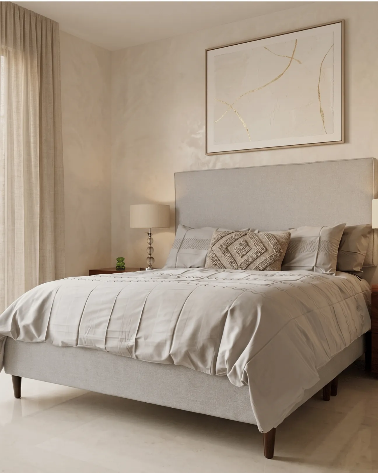Recamara con cama tapizada gris, arte enmarcado y ventanal a jardin interior