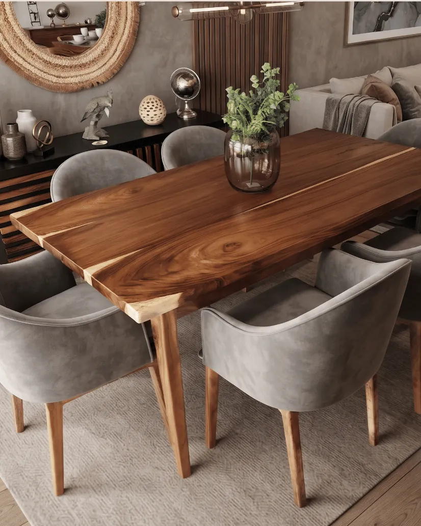 Mesa de comedor con jarron de vidrio, espejo de ratan y sala en tonos calidos