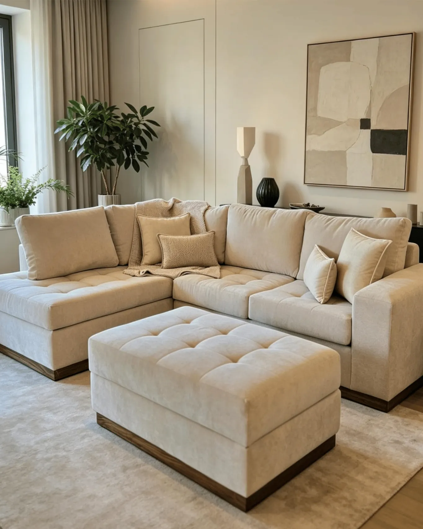 Sala beige con sofa seccional, planta y cuadro abstracto en tonos neutros